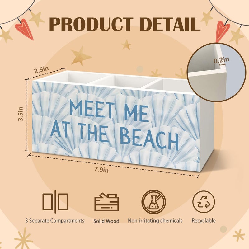 KBRCT Blue Coastal Beach Seashell Wooden Utensils Holder, Meet Me at The Beach Ocean Beachy Wood Cooking Utensil Holder Organizer for Kitchen Countertop Counter Decor Accessories - Image 3
